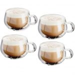 Green Globe Set of 4 Double Walled Glass Coffee Tea Cups with Handle 225ml