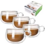 Green Globe Set of 4 Double Walled Glass Coffee Tea Cups with Handle 225ml - Image 3