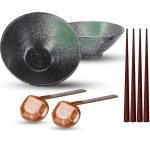 2 Pcs Ceramic Ramen Noodle Bowls with 2 Spoon, 4 Chopstick