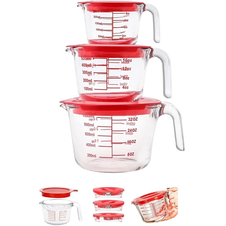 23. Home & Treat 6 Pcs Glass Measuring 3 Cups with 3 Lids Home & Treat 6 Pcs Glass Measuring 3 Cups with 3 Lids - Image 1