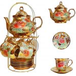 Green Globe – 13 pcs Ceramic Tea Set for Tea or Coffee with Metal Holder