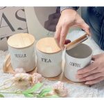 Home & Treat 3 Pcs White Ceramic Sugar, Coffee, and Tea Canisters Set with Airtight Bamboo Lids â€“ Multipurpose Food Storage Jars for Kitchen Countertop - Image 2