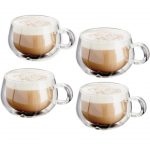 Green Globe – Double Walled Glass Coffee Cups with Handle, Hollow Vacuum Sealed, Hand Made, Heat Resistant, Dishwasher Safe, 275ml Latte Tea Cup Latte Cup Set of 4