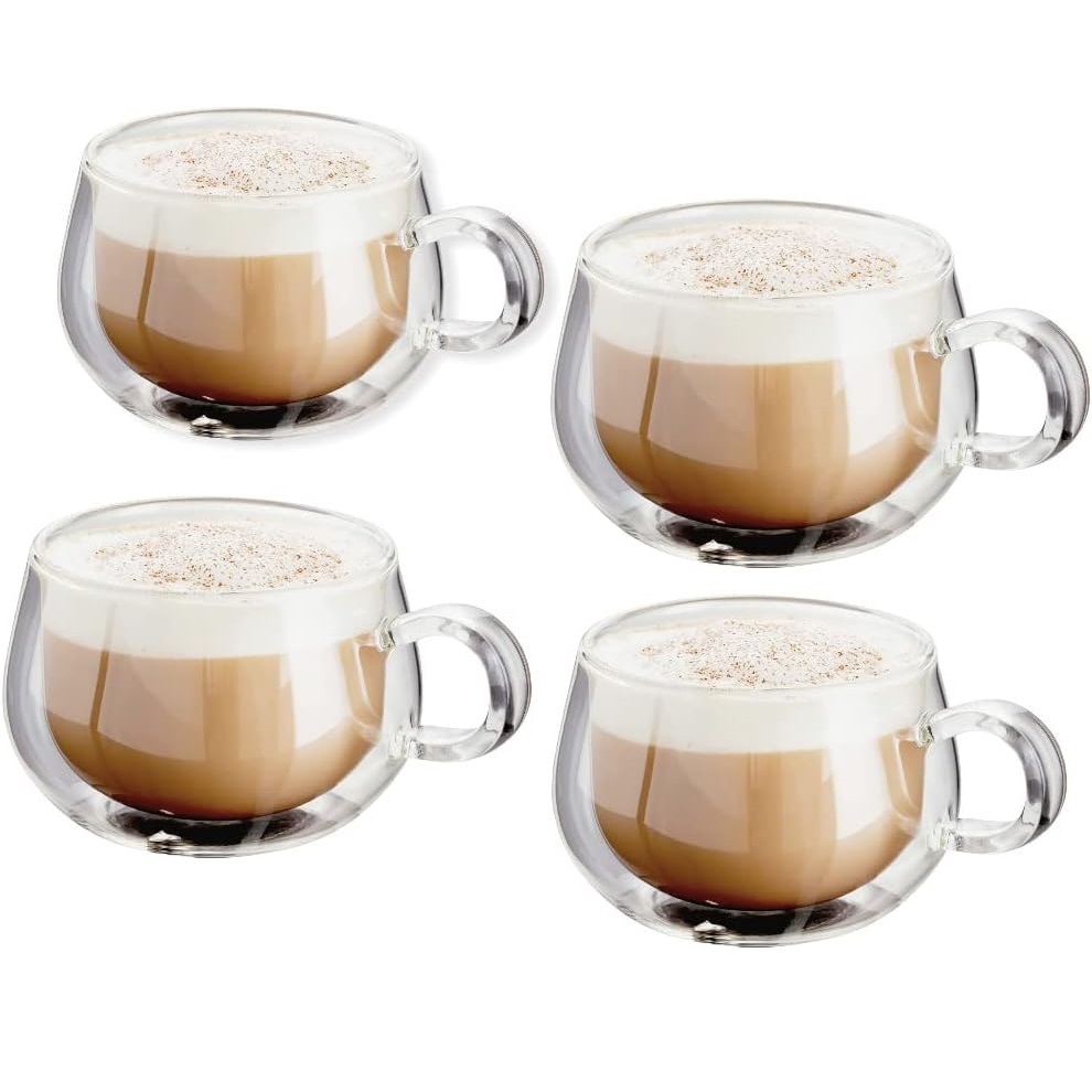 31a Green Globe – Double Walled Glass Coffee Cups with Handle, Hollow Vacuum Sealed, Hand Made, Heat Resistant, Dishwasher Safe, 275ml Latte Tea Cup Latte Cup Set of 4 - Image 1
